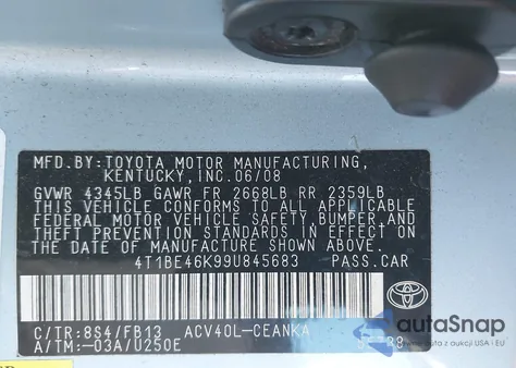 2009 Toyota Camry Le z USA, uszkodzony, nr VIN 4T1BE46K99U845683